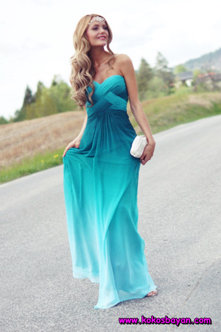 turkuaz mavisi straplez mezuniyet elbisesi