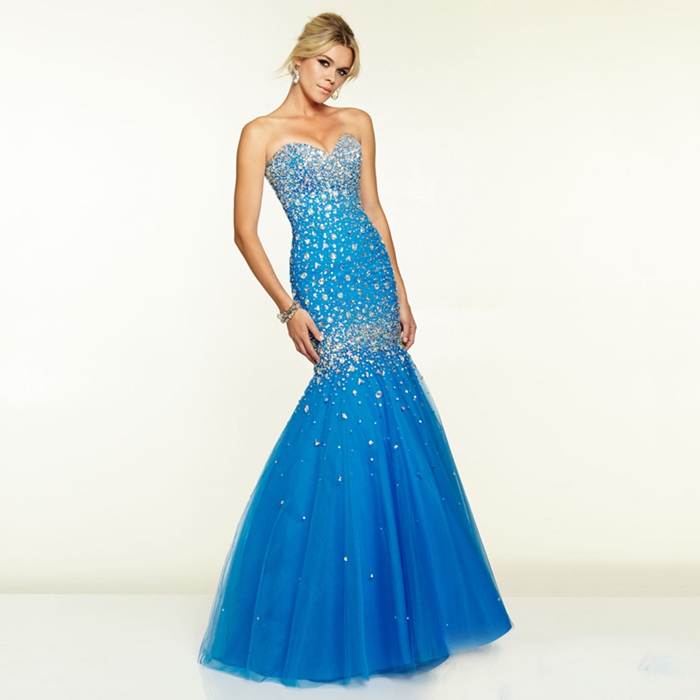 mavi straplez taşlı uzun abiye elbise