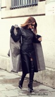 siyah uzun manto palto ceket kaban kadın deri elbise uzun diz üstü çizme bot